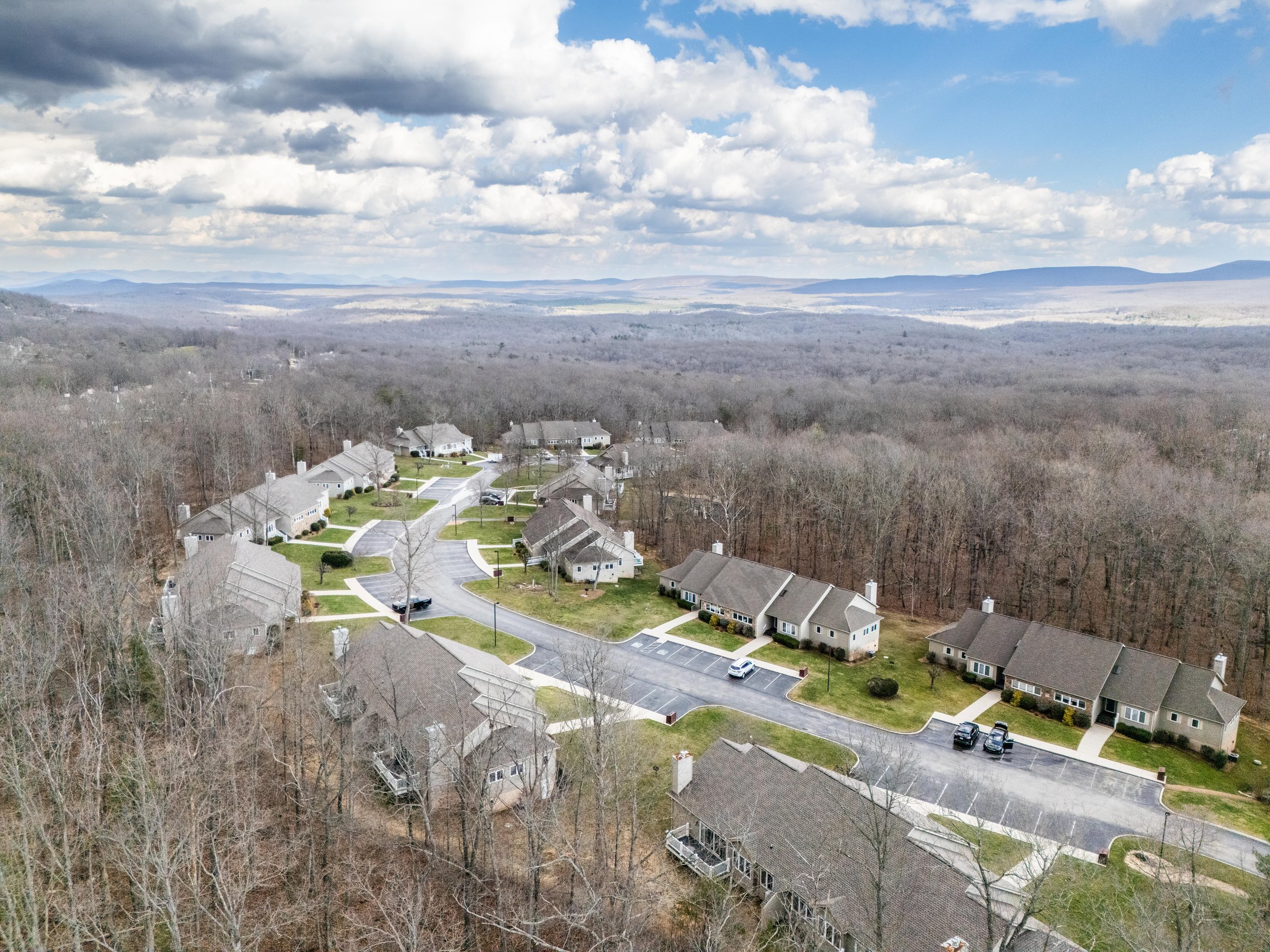 Aerial view of a residential area with several houses nestled in a wooded region, surrounded by dense trees and hills under a partly cloudy sky.