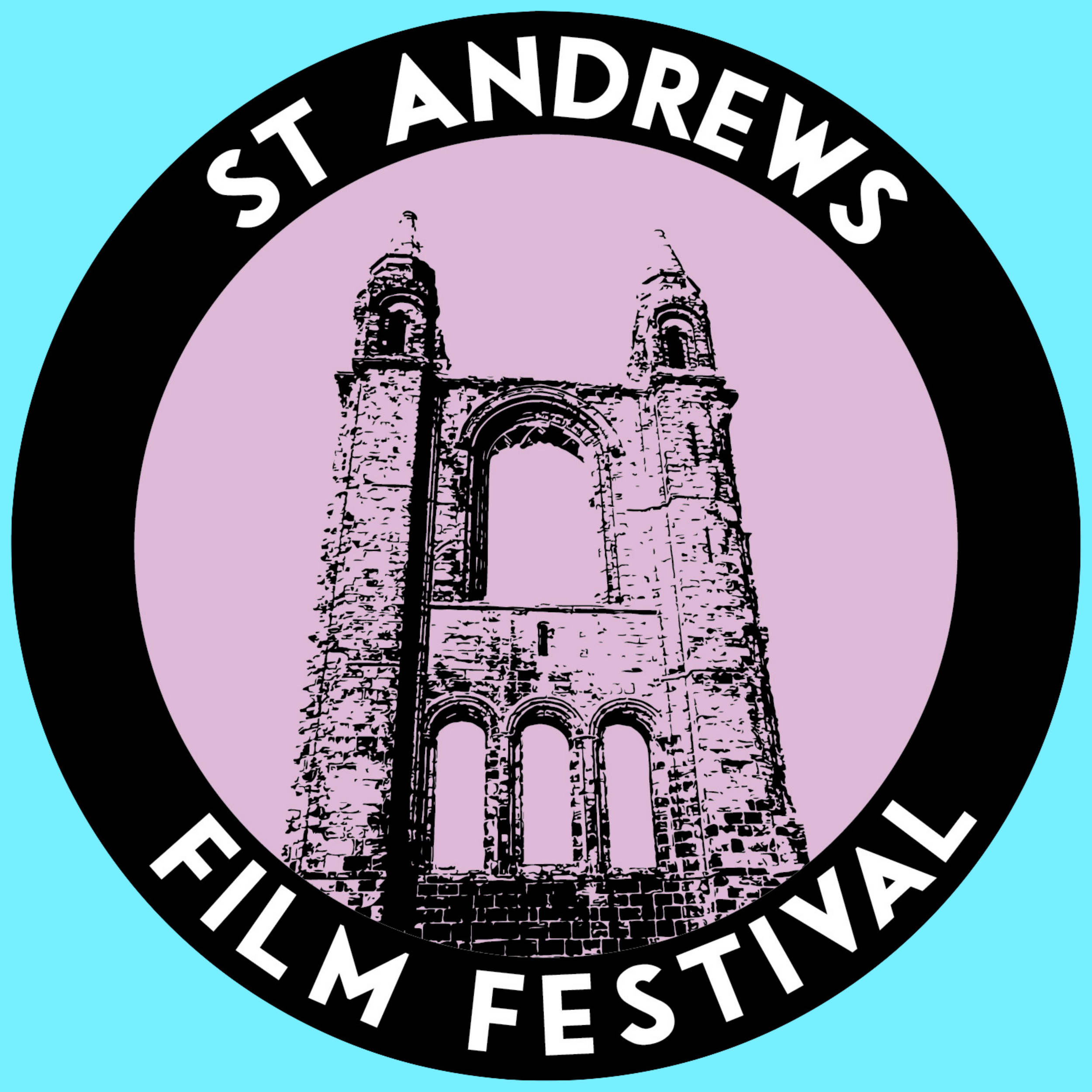 Logo for the St Andrews Film Festival featuring a stylized illustration of the St Andrews Cathedral tower on a purple background with a black border and white text.