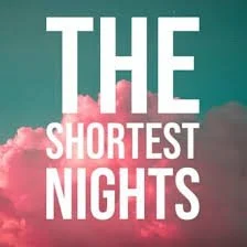 Book cover titled 'The Shortest Nights' with a background of pink clouds and a teal sky.