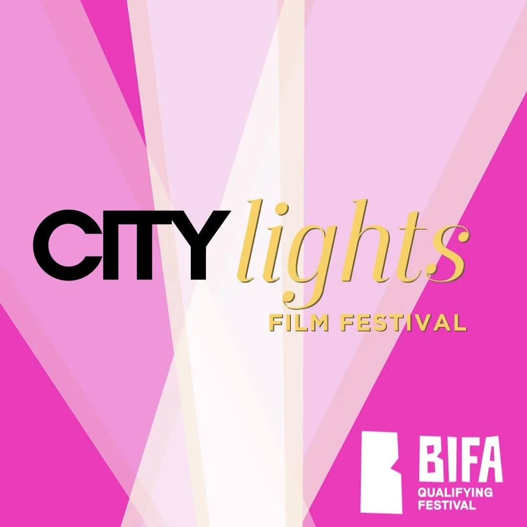 Logo with pink clock tower integrated into the word 'CITY' and the words 'CITY LIGHTS' beside it.