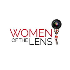 Logo for Women of the Lens, featuring a camera lens, a woman figure, and text