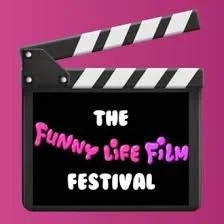 Clapperboard with text 'The Funny Life Film Festival' on black background
