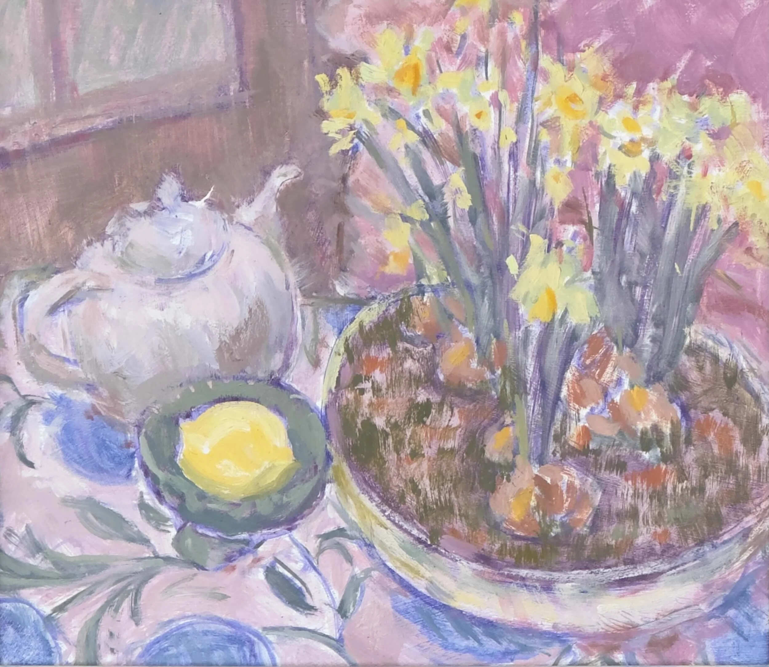 Daffodils with Teapot - Available £250
(Oil on board 28 x 25 cm)