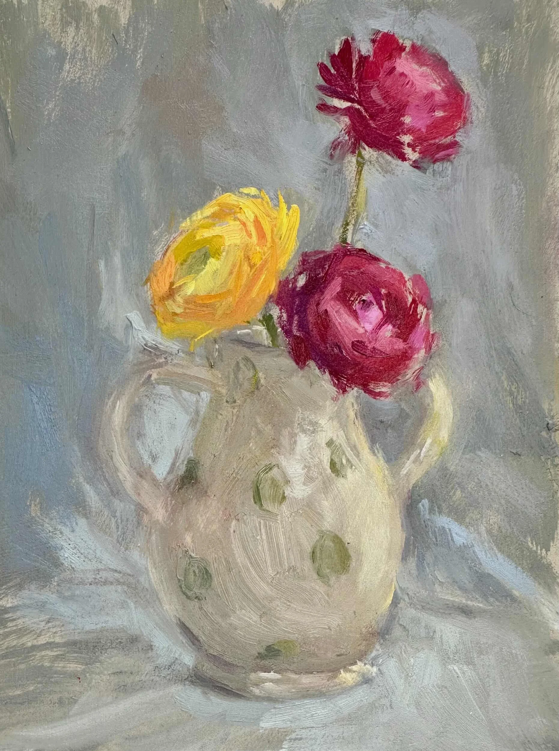 Ranunculus in Spotty Vase  - available £100
(Oil on Board 14 x 18 cm)