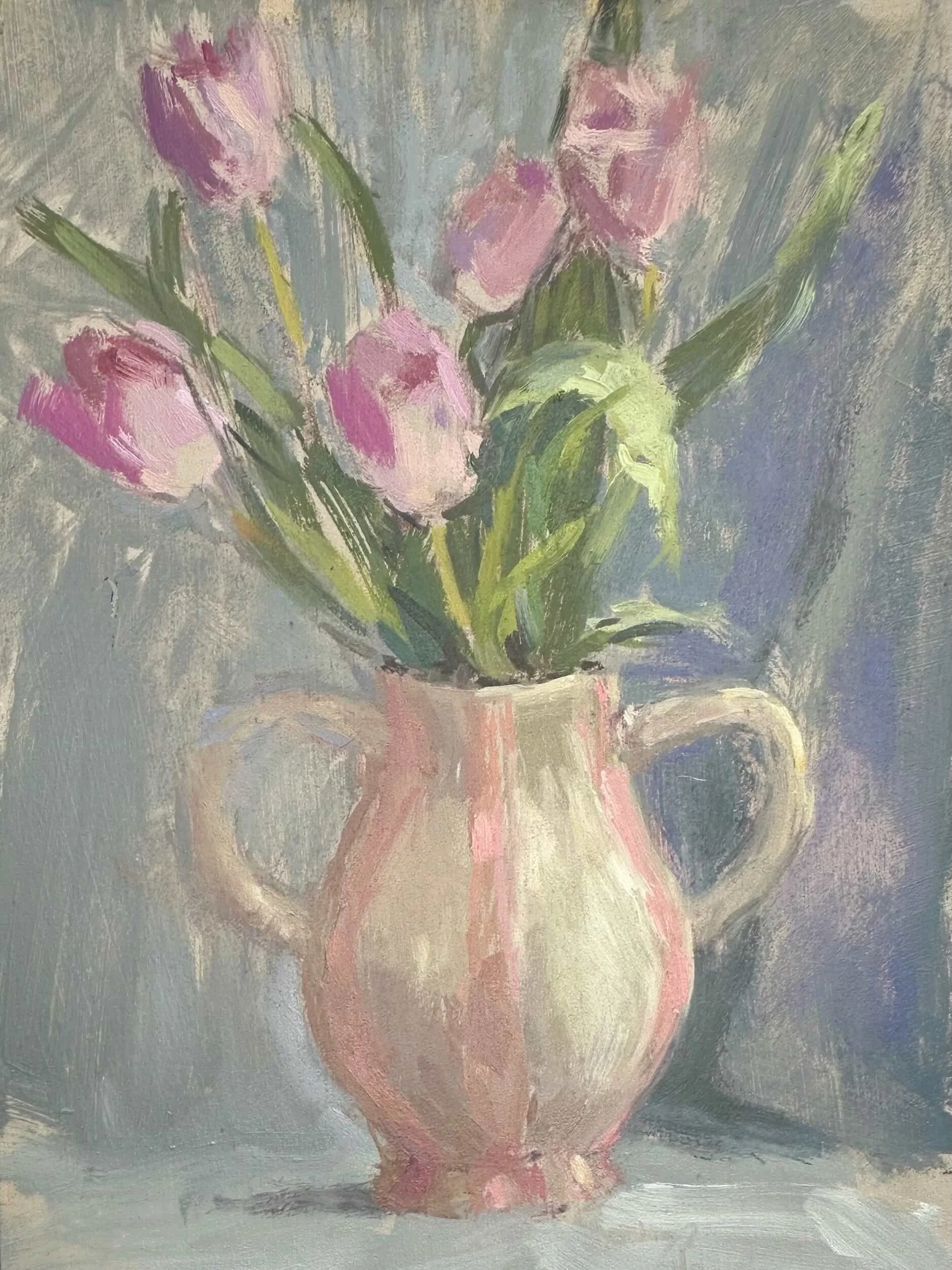 Tulips in Striped Vase *sold*
(Oil on board 14 x 18 cm)