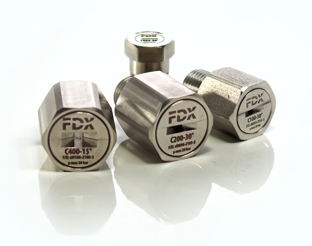 Stainless steel HPX-CW OmniJet nozzles on a reflective surface.