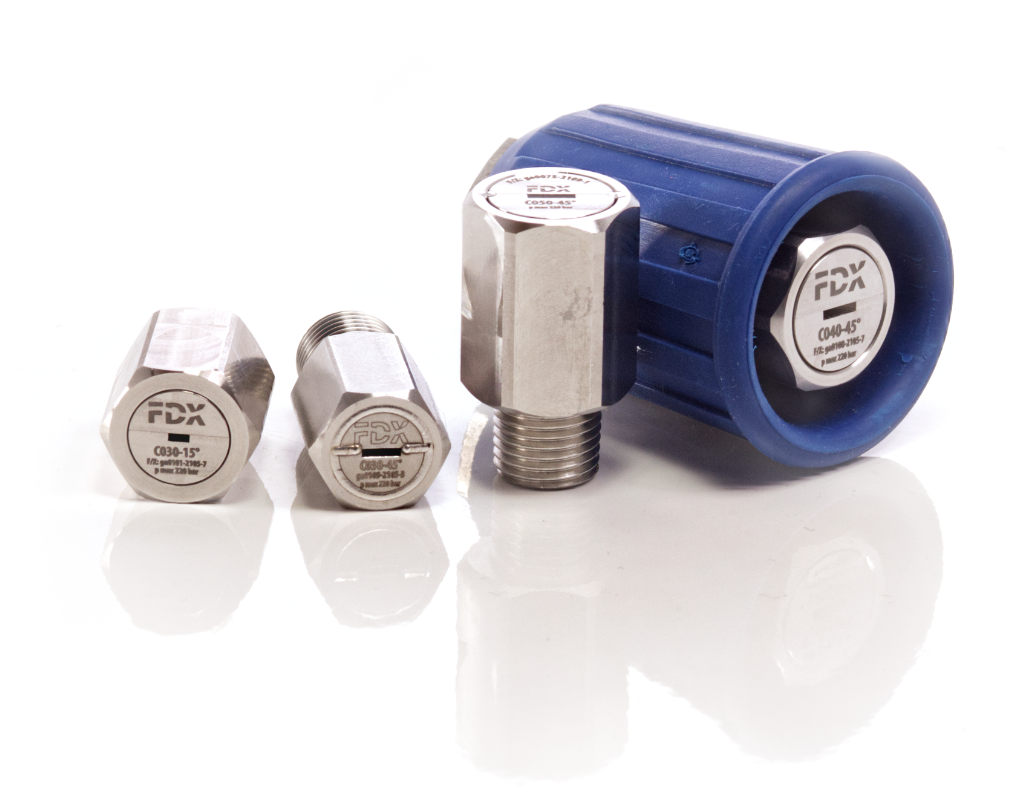 Close-up of three MPX medium pressure stainless steel OmniJet nozzles, one with a blue plastic nozzle guard, on a reflective surface.