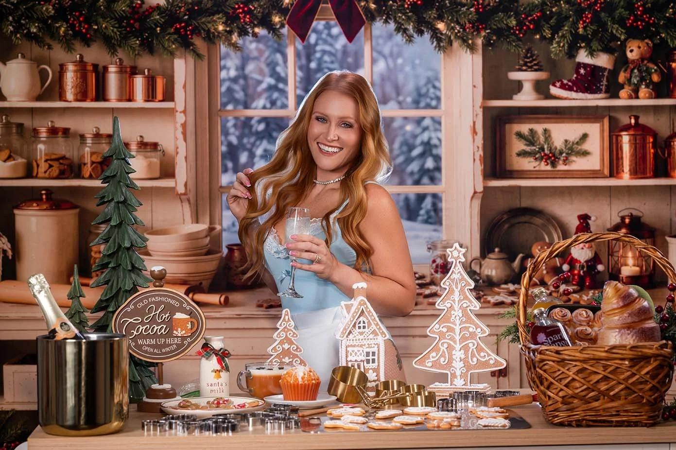 A smiling woman in a pale blue lace top raises a glass of champagne behind a counter of Christmas cookies, cupcakes and gingerbread houses.