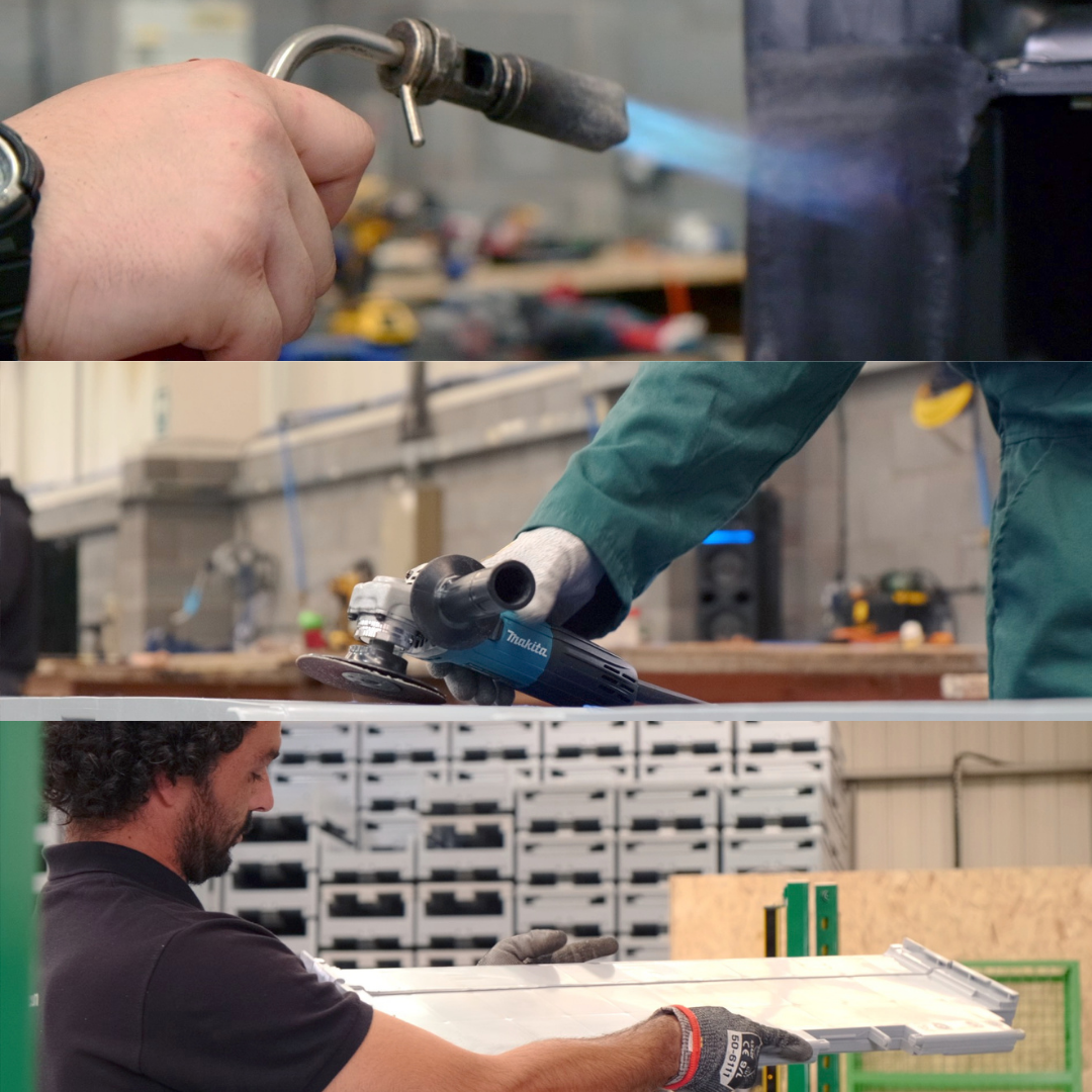 Workers using power tools to assemble products