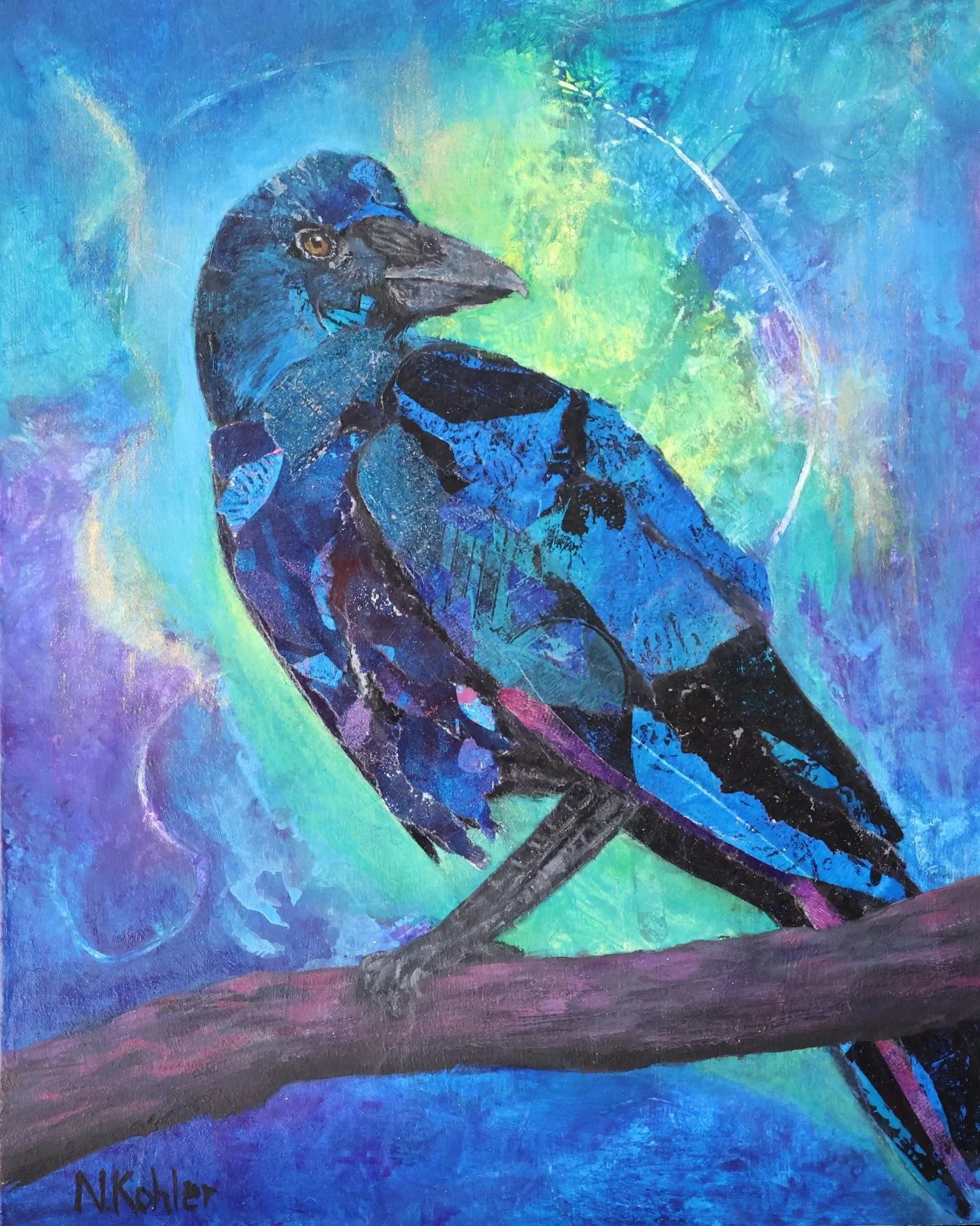 Midnight Crow -
Mixed Media Collage on Birch Panel -
10" x 8"