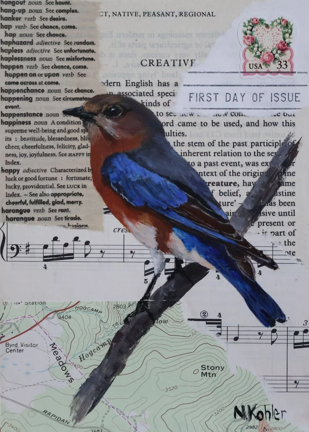 Bluebird of Happiness -
Collage and Natural Acrylic on Birch Panel -
7" x 5"