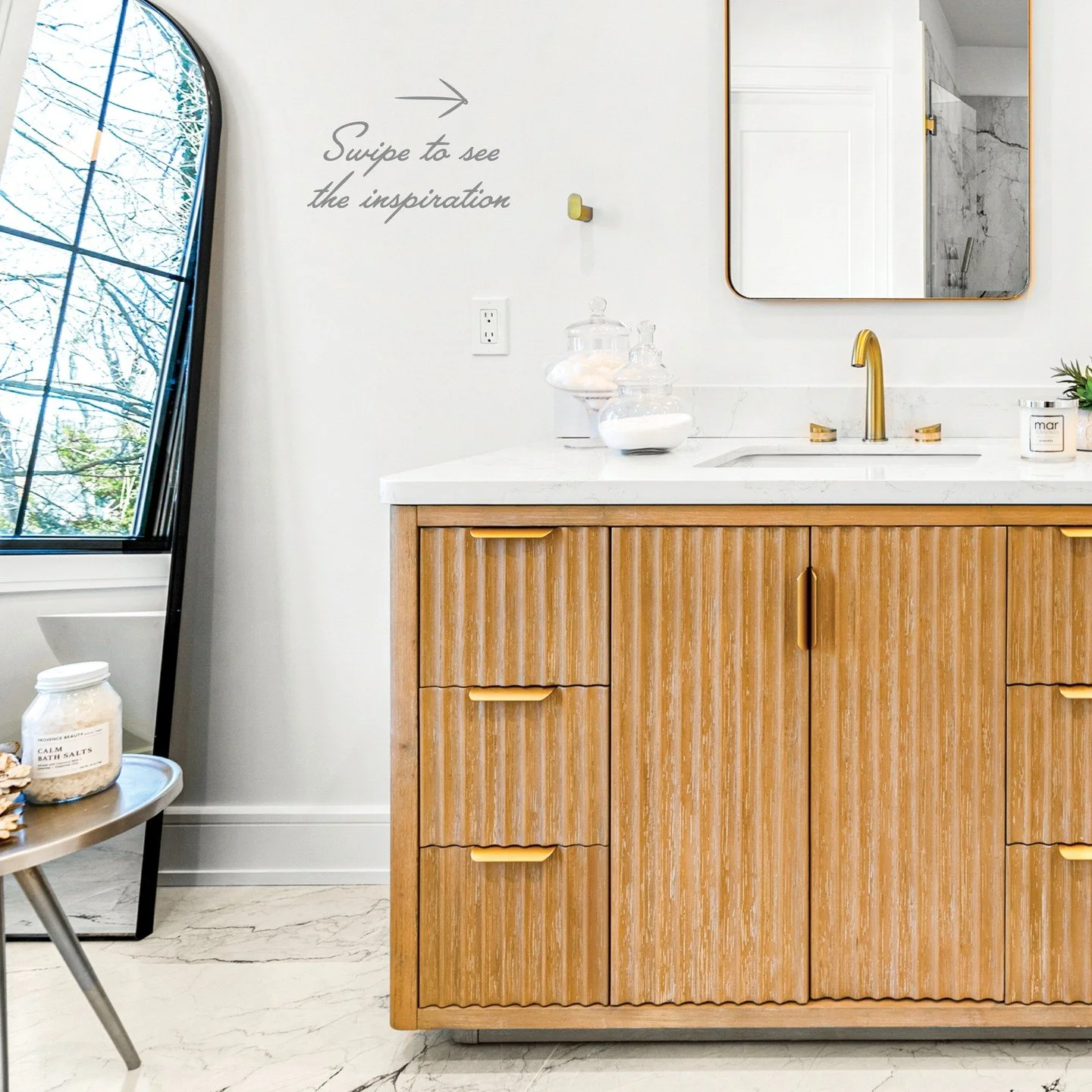 Turning inspiration into a beautiful reality ✨ Take a look at some of the modern design details of Stonegate 🏠

This spacious bathroom features a luxurious shower and bathtub along with gorgeous gold hardware and wooden cabinetry that make this a co
