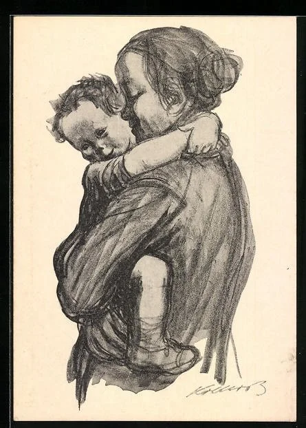 Lithographic image of a smiling mother holding her child