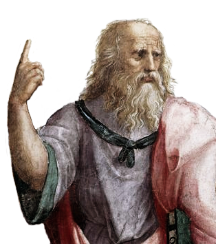 Plato, pointing upwards with his right index finger