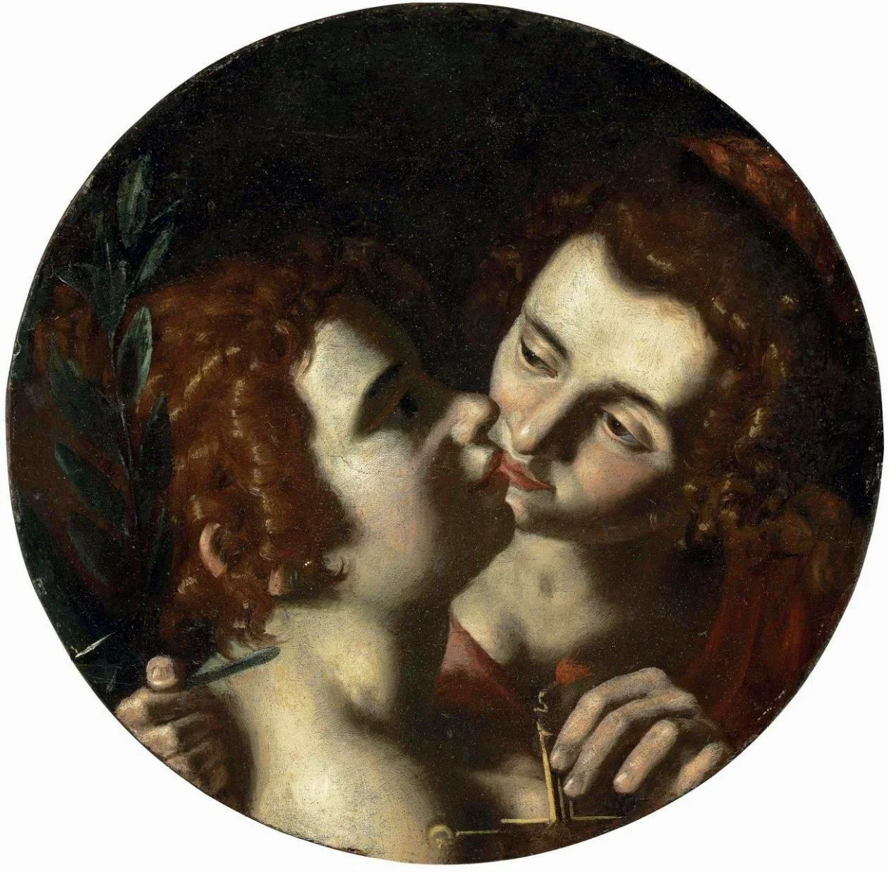 Two women about to kiss, one wearing a laurel wreath and the other holding a sword