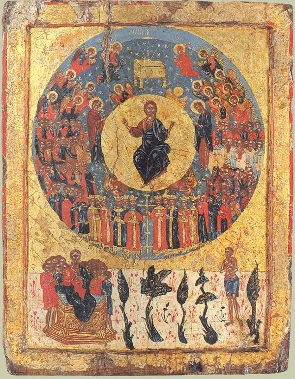 Seated man in a golden circle surrounded by saints and angels