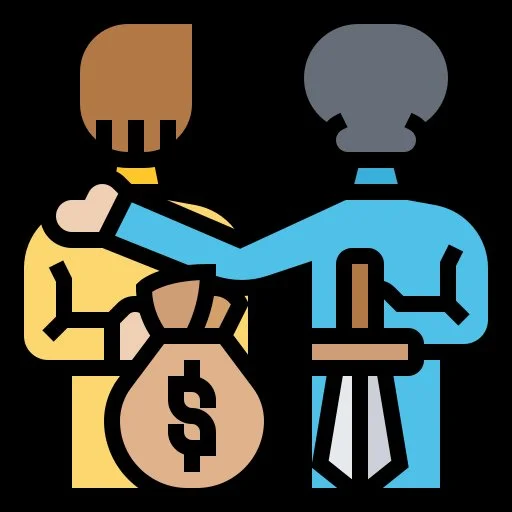Back of two figures, one holding dagger, other holding money bag