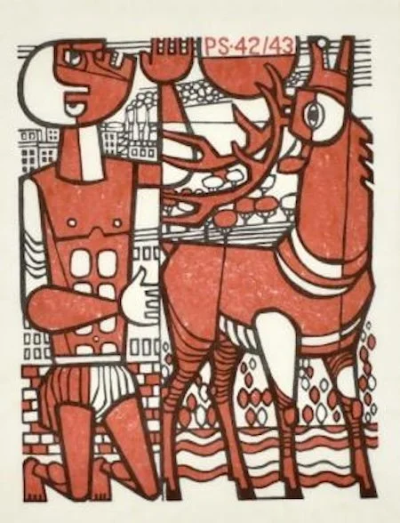 Black and red image of a man kneeling near a deer with antlers