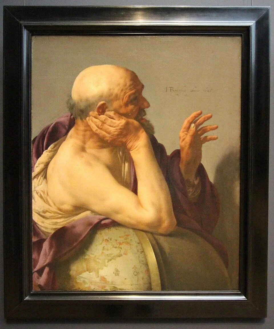 Heraclitus, talking and gesturing while leaning on a globe with his right arm