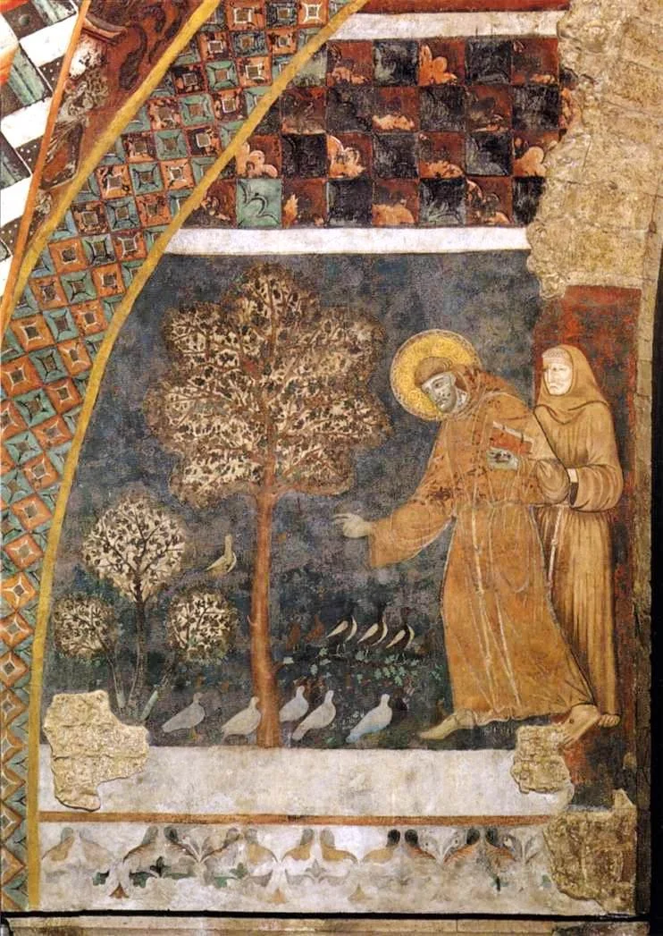 Two robed figures, one with a halo, carrying a book, and preaching to birds