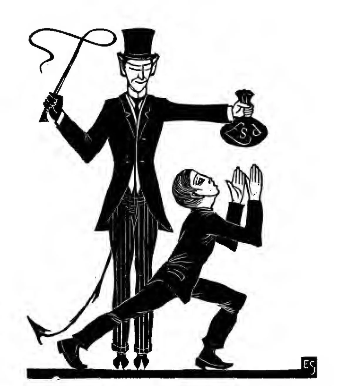 Man with whip holding money bag above another man’s outstretched arms.