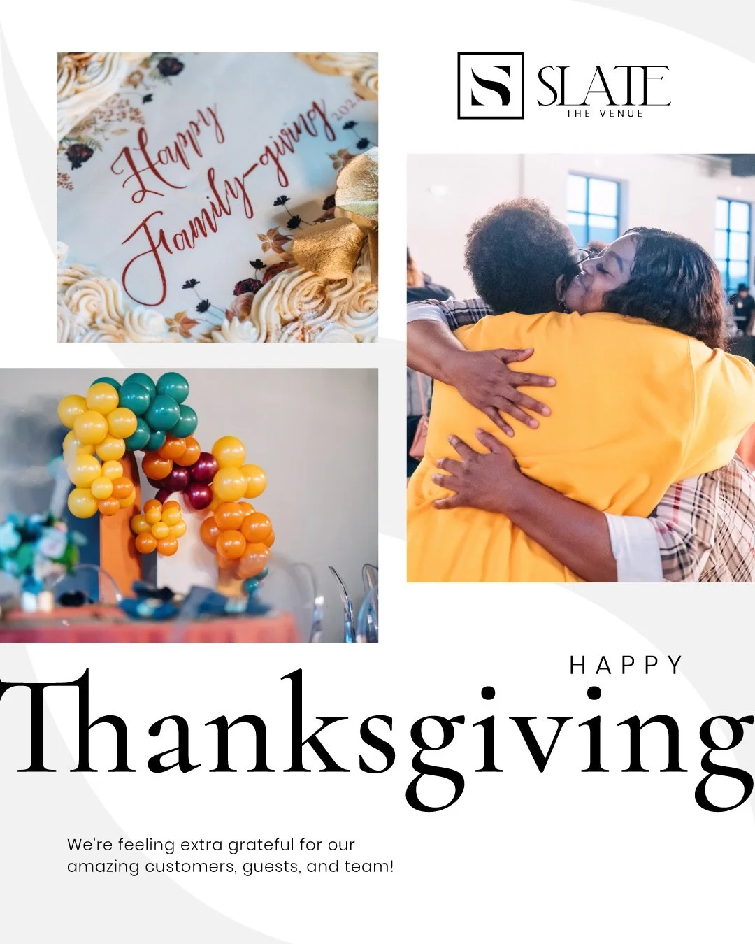 We&rsquo;re wishing you a Thanksgiving filled with family, food, and maybe a little event-planning inspiration. 😉

Because once the dishes are done, it&rsquo;s officially holiday party season at Slate!

Happy Thanksgiving from our family to yours! ?