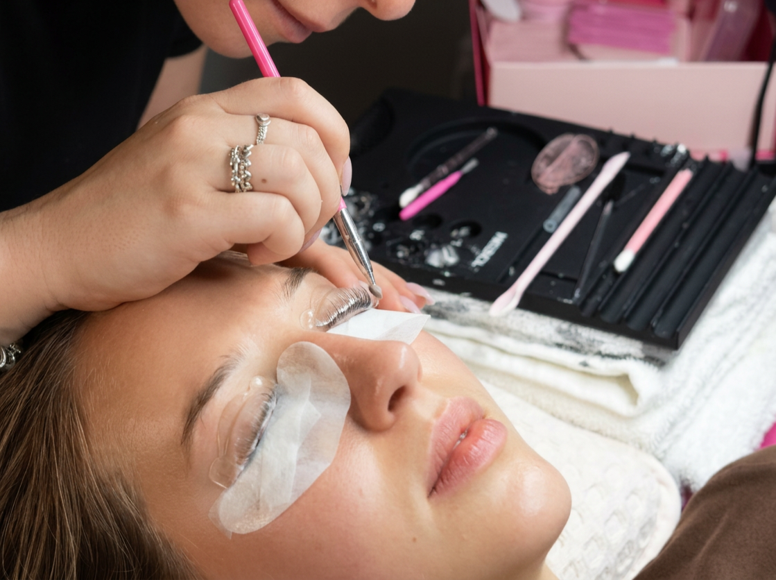 Beauty treatment room with a bed, LED lamp, and skincare products on a tray.
