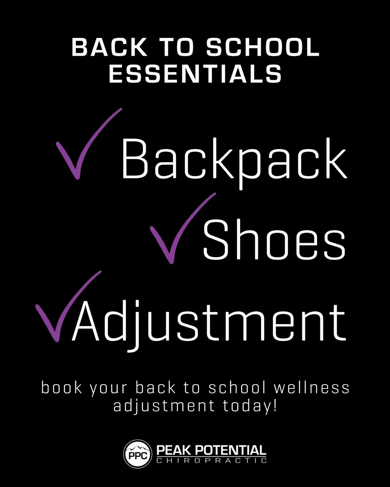 🎒✏️ Back-to-School Essentials: 
Backpack ✅ 
Shoes ✅ 
Adjustment ✅

Just like new school supplies prepare kids for the classroom, a chiropractic adjustment prepares their body for the school year ahead. 📚✨

✔️ Helps carry those heavy backpacks with 