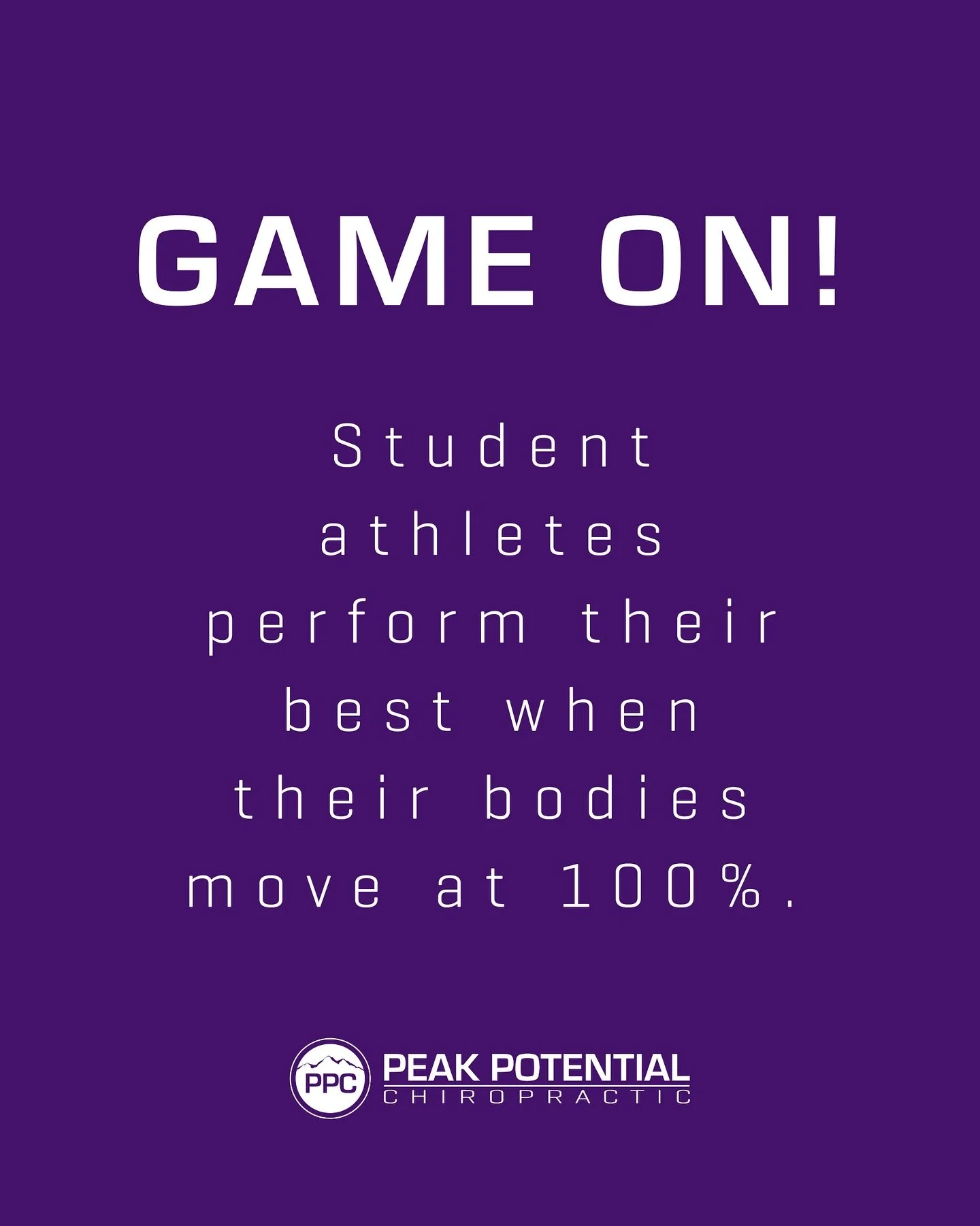 Game on. 💪⚡️ 

Student athletes perform their best when their bodies move at 100%.

At Peak Potential Chiropractic, we focus on structural correction so athletes can:
🏃&zwj;♂️ Move efficiently
🏀 Prevent injuries
⚡ Recover faster
🏆 Perform at thei