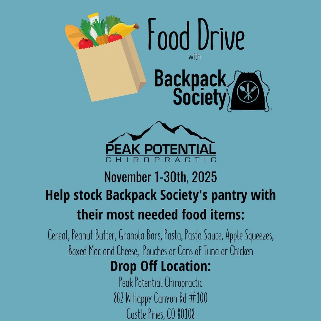 Giving Thanks by Giving Back 🤍
This November, Peak Potential Chiropractic is proud to partner with Backpack Society, a local nonprofit providing meals to kids during weekends and school breaks.
✨ Drop off nonperishable food items at our office (du