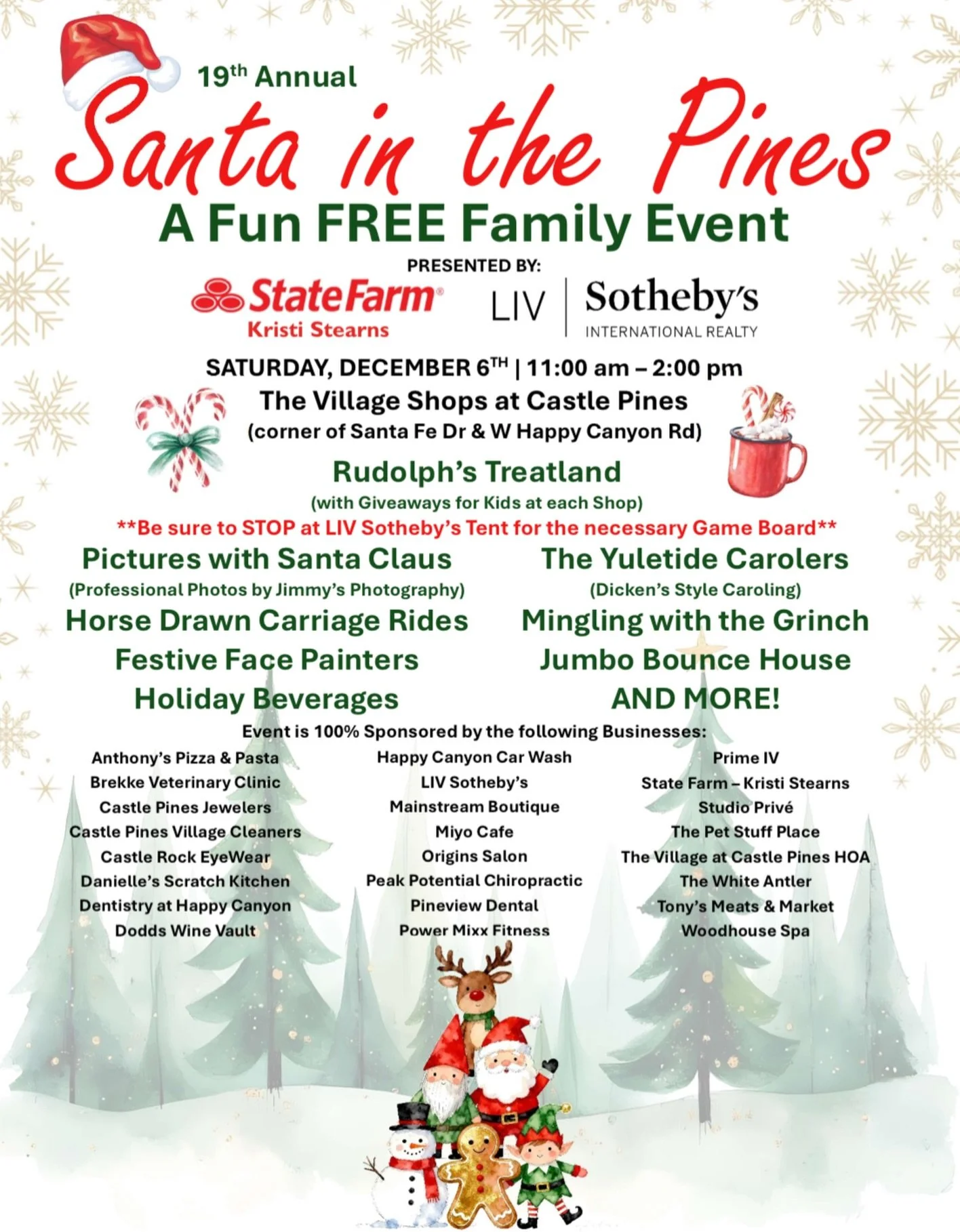 ✨ Santa in the Pines! ✨

Join us this Saturday, December 6th from 11&ndash;2 in Castle Pines Village for a free family-fun day. Carriage rides, holiday cheer, meet the GRINCH, festive activities, and even Santa himself! 🎅🌲

Bring the whole family &