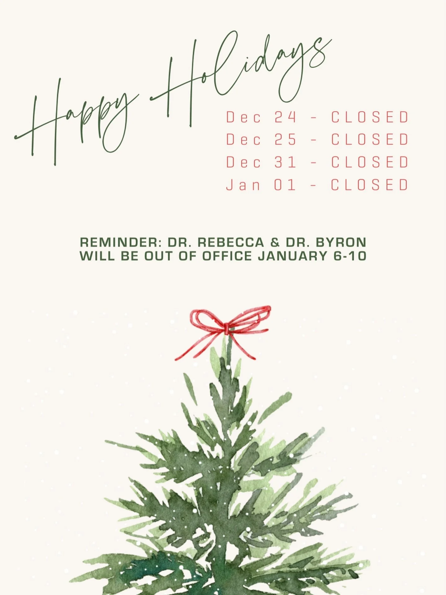 🎄 Holiday Hours Reminder 🎄

We will be CLOSED:
❌ Christmas Eve
❌ Christmas Day
❌ New Year&rsquo;s Eve
❌ New Year&rsquo;s Day

✨ We ARE OPEN:
✔️ Friday &amp; Saturday 12/26&ndash;12/27
✔️ Friday &amp; Saturday 1/2&ndash;1/3

 Happy Holidays!!!