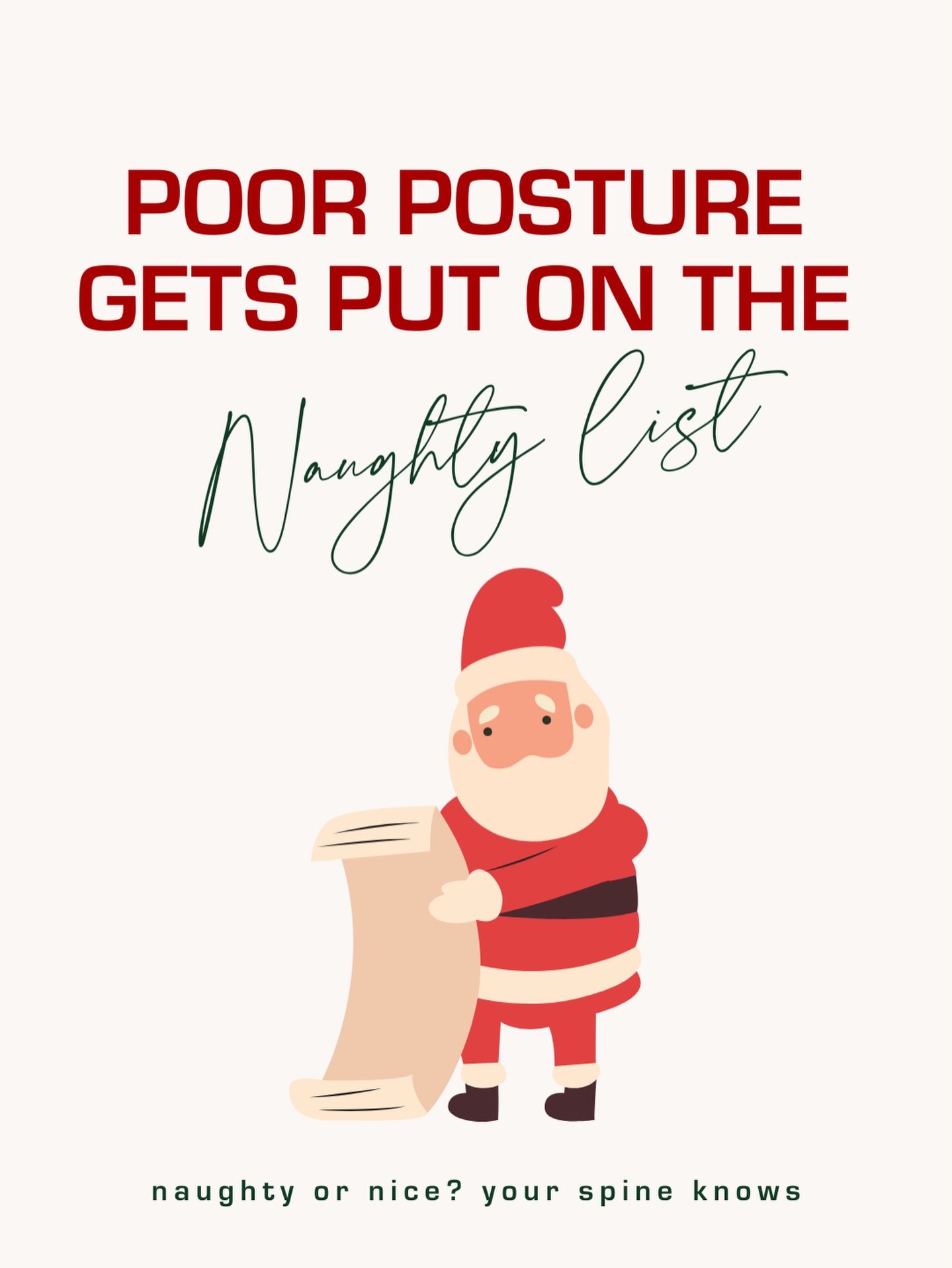 🎅 Poor posture officially made the NAUGHTY LIST.
Naughty or nice&mdash;your spine always knows.

😱 🎄 Holiday scrolling, gift wrapping, hours in the kitchen, couch lounging&hellip; it all adds up!!! That forward head, rounded shoulders posture? 🚫 