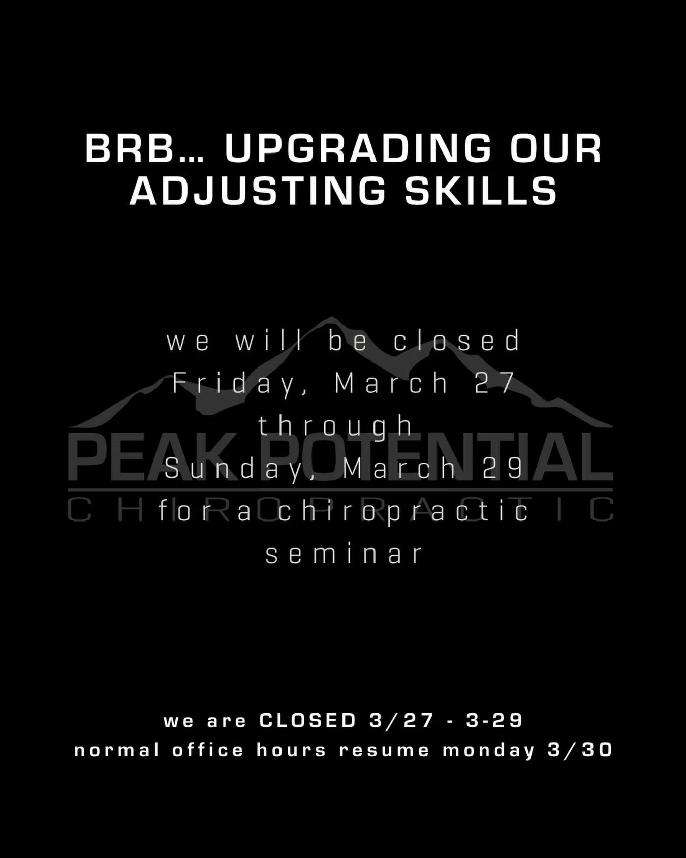 🪻Quick little update, Peak potential fam! 🪻

We&rsquo;ll be closed this Friday &amp; Saturday while we level up our skills and pour into advanced training because you deserve the BEST care possible 💫

We love our patients and are always working to