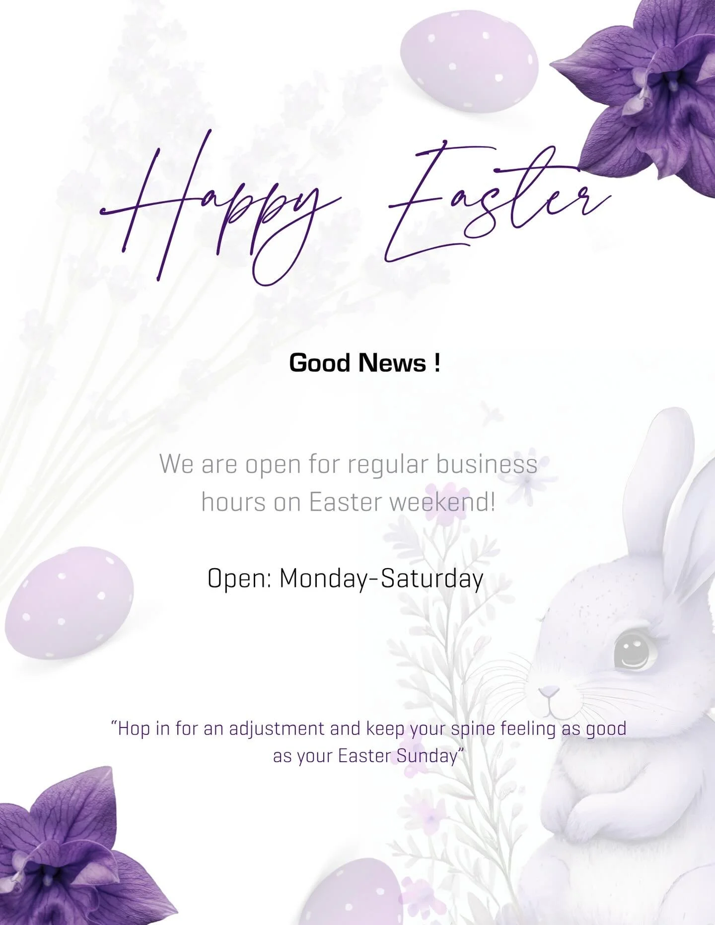 🐣🌷 Happy Easter from the Peak Potential Team! 🌷🐣
We&rsquo;re egg-cited to keep you feeling your best because nothing should crack your momentum! 🥚💪

While the Easter Bunny is hopping around, we&rsquo;re still here keeping spines aligned and ner