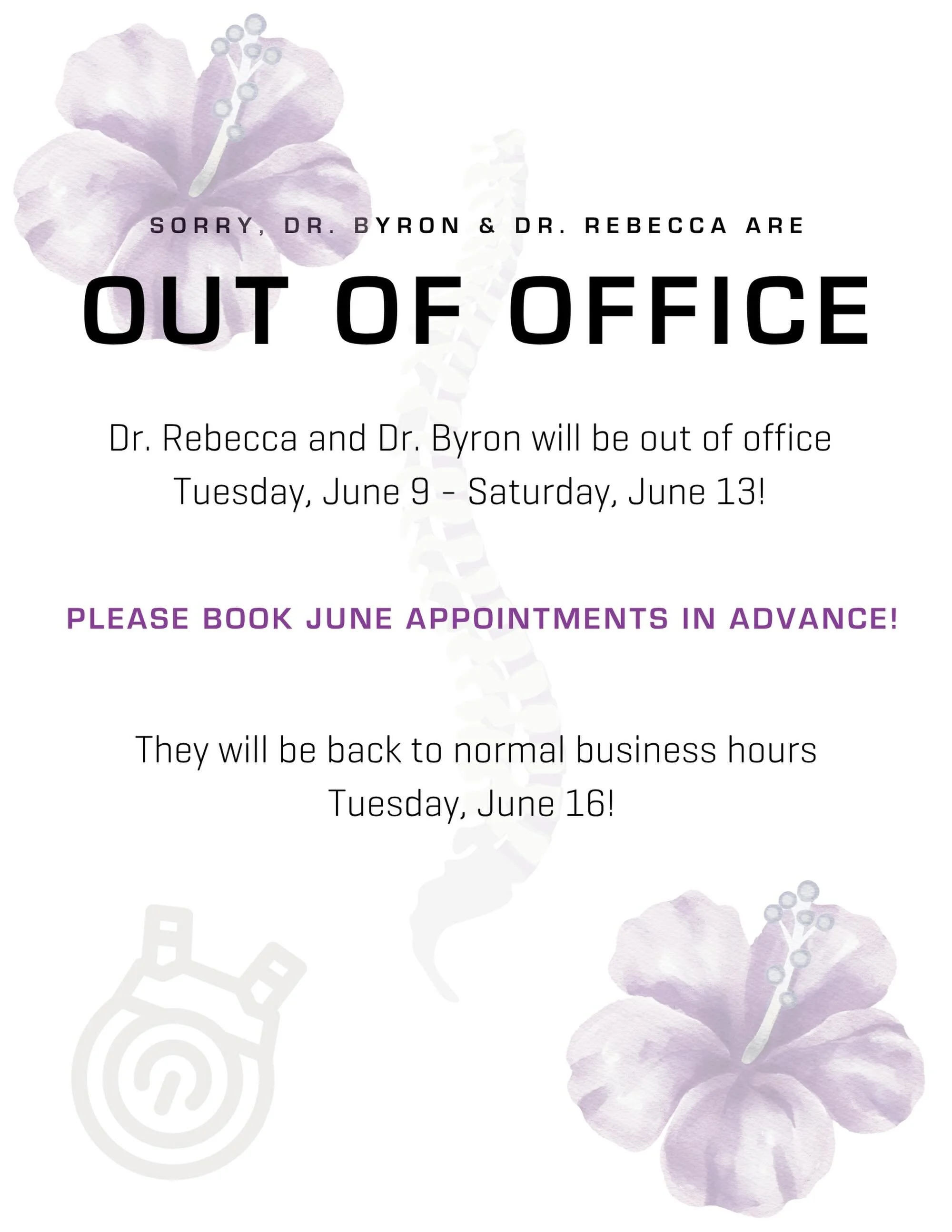 🚨 OFFICE VACAY ALERT 🚨

Dr. Byron &amp; Dr. Rebecca will be out of the office June 9&ndash;13 soaking up some much-needed R &amp; R ✈️☀️🐾

We&rsquo;ll be back June 16 ready to crack backs, take names, and get everyone feeling their best again 💥

