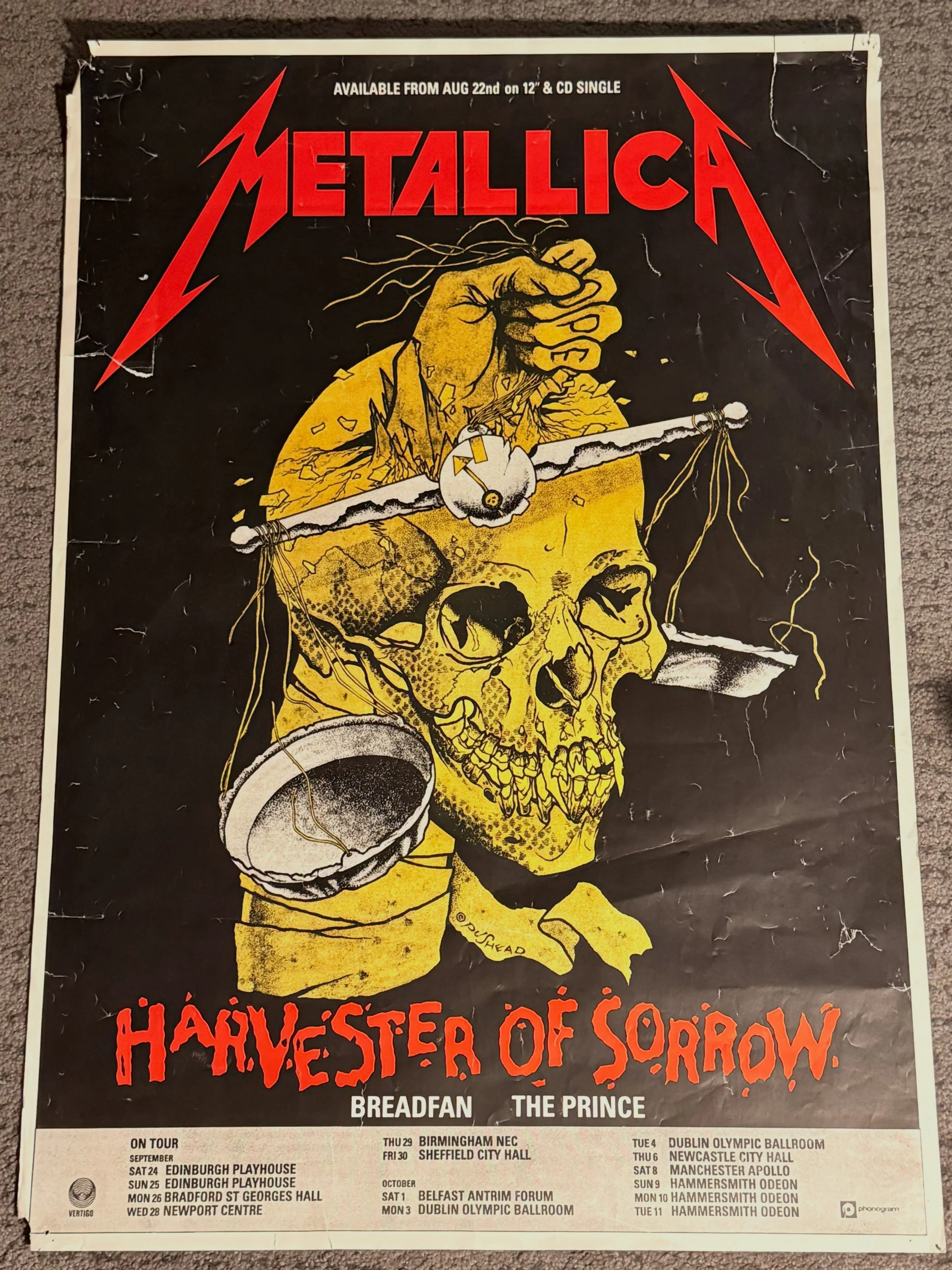 3 more posters in part shape are on the block. Reach out if you are interested. Shop is open today at noon!

Pushead Metallica with dates and labels.
Painters merch poster.
Smashing Pumpkins live in Calgary.