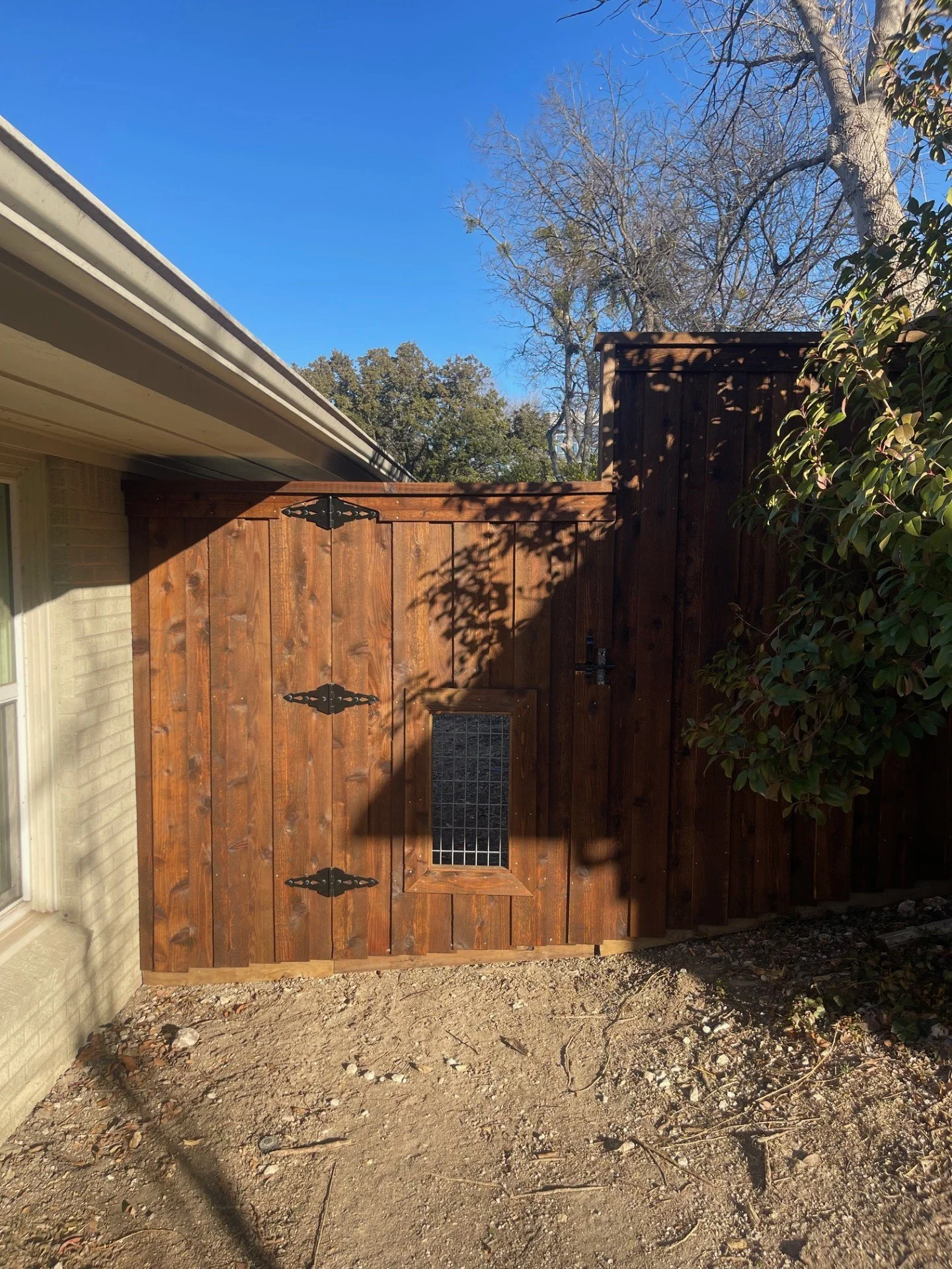 Residential Pre-stained board on board walk gate with dog window.jpg