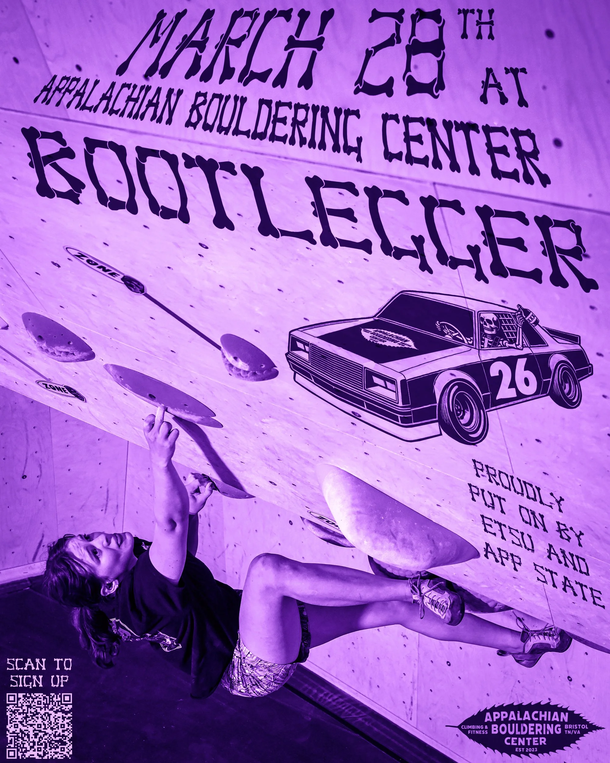 A young girl climbing a purple indoor bouldering wall with a rock car mural and event details for the Appalachian Boulderining Center event on March 28th.