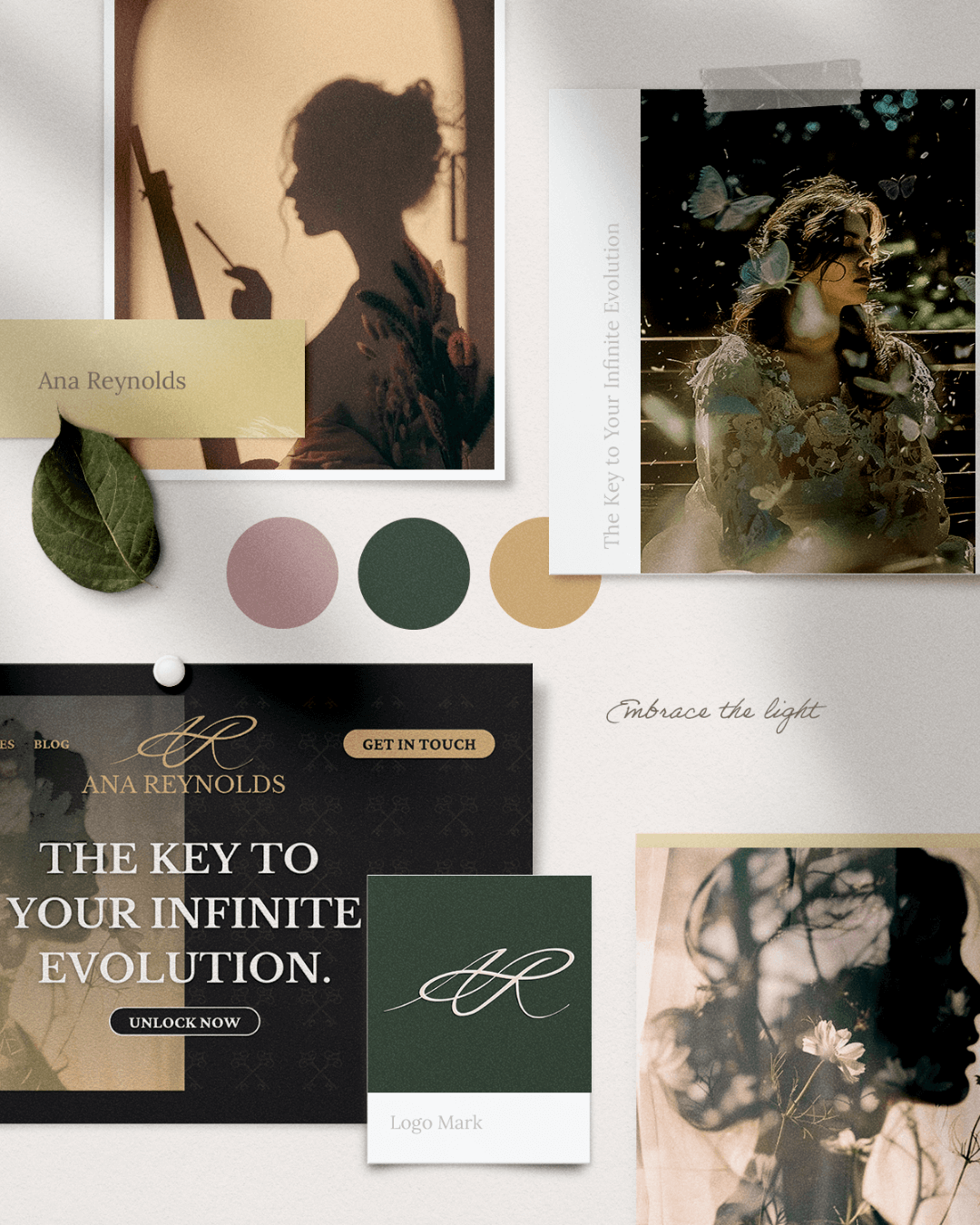 Flatlay of a custom brand moodboard with natural textures and hand-drawn details, reflecting a grounded, intuitive brand design process