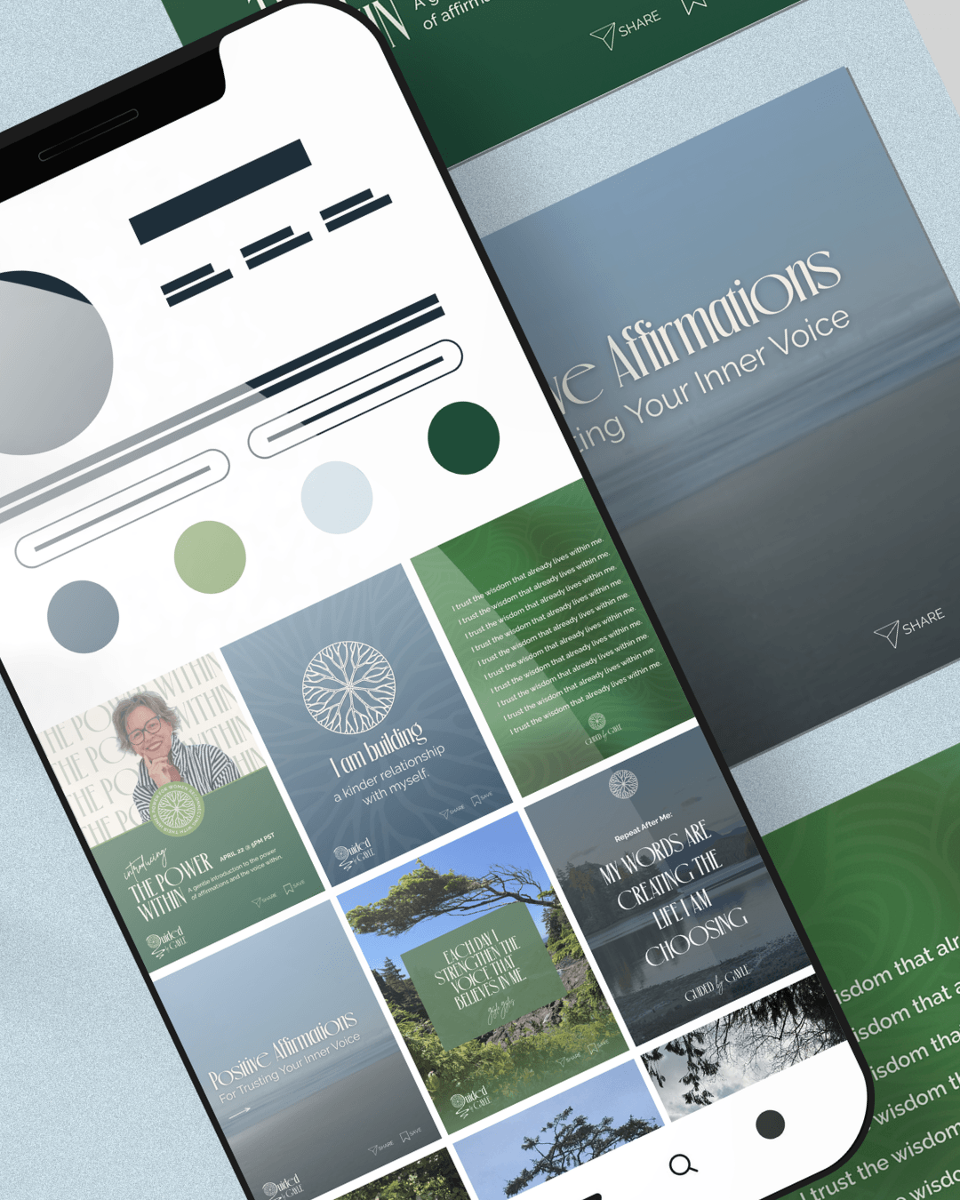 Guided by Gayle social media design preview shown on mobile mockup with cohesive, calming brand visuals