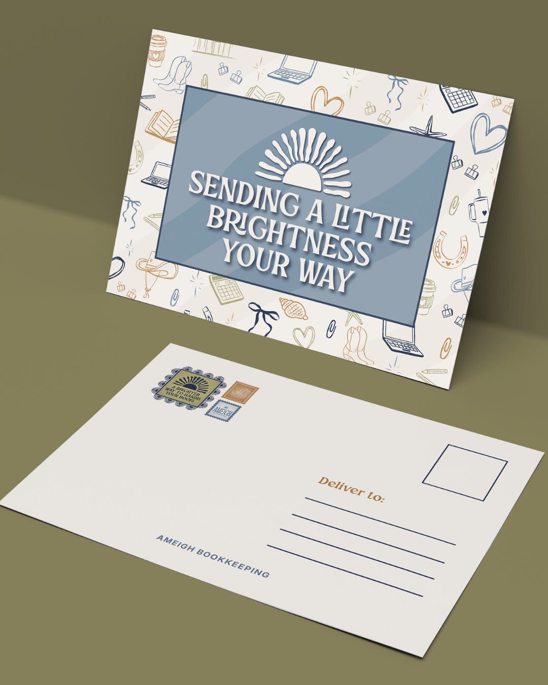 Ameigh Bookkeeping branded postcard design with custom illustrations and “sending a little brightness your way” message