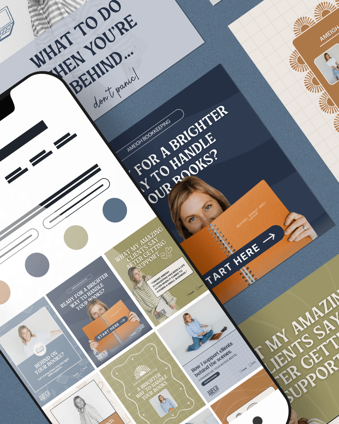 Ameigh Bookkeeping social media templates displayed on Instagram feed with cohesive brand colours and content design