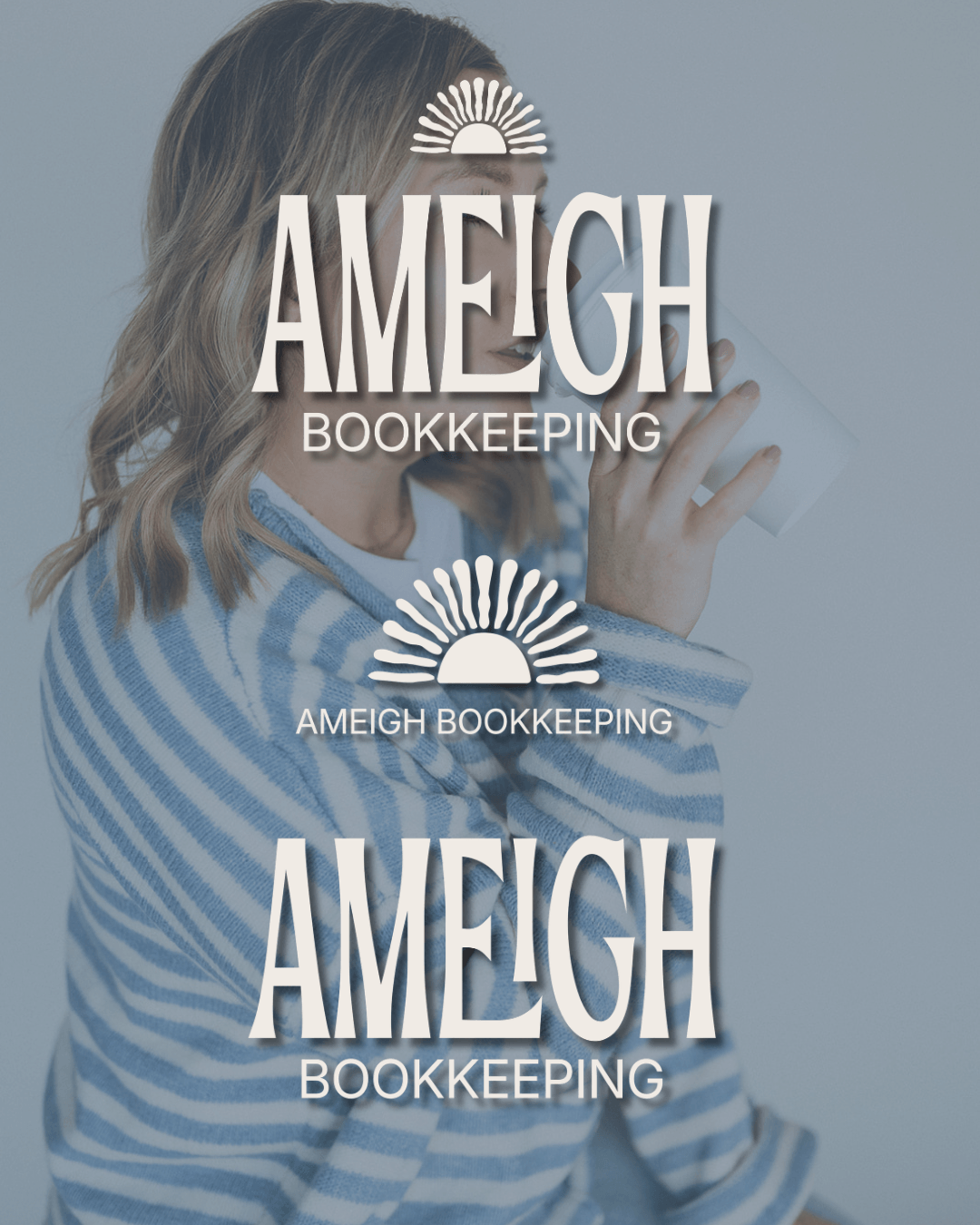 Ameigh Bookkeeping logo variations displayed over lifestyle brand photography