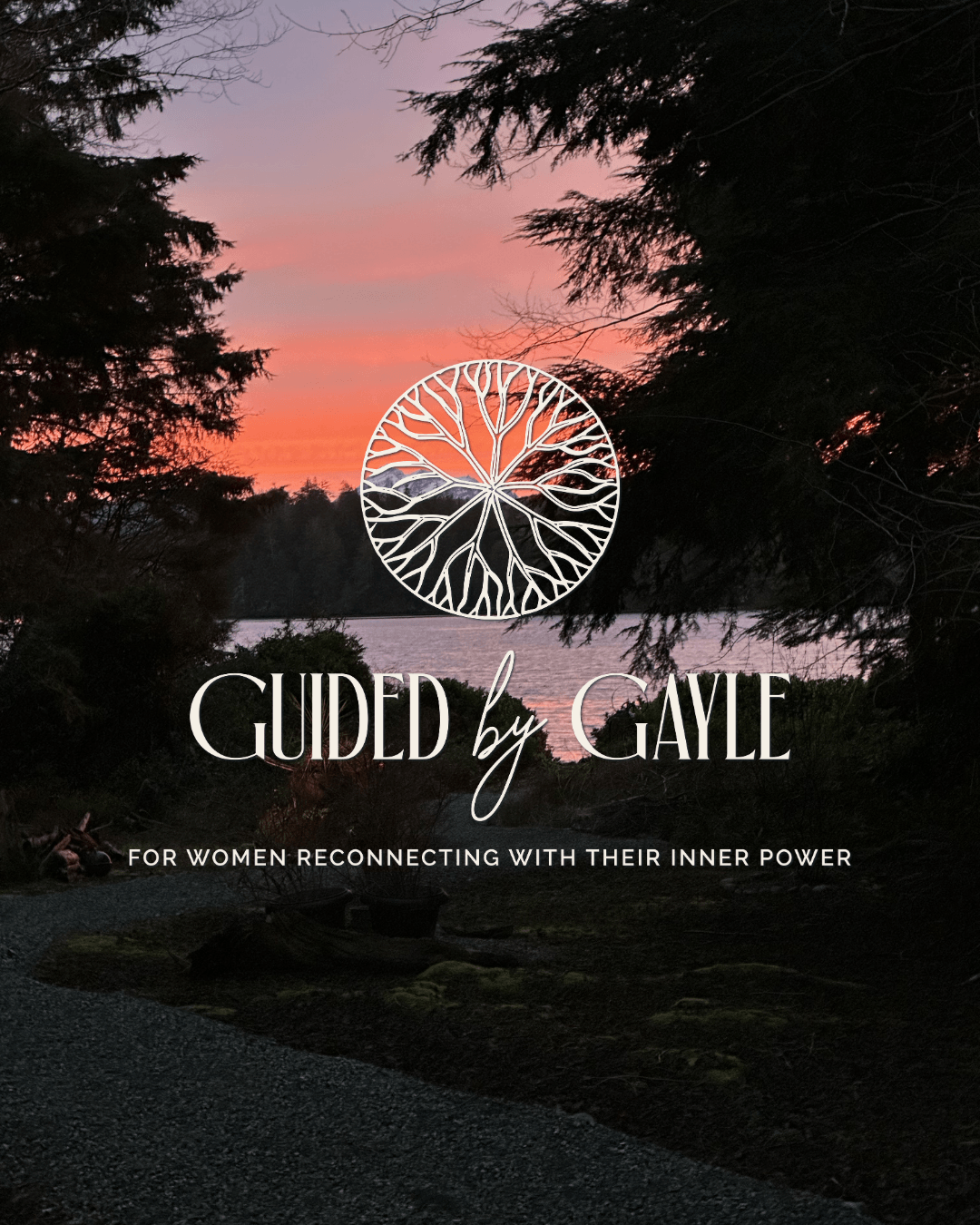 Guided by Gayle logo overlaid on peaceful nature landscape at sunset, reflecting calm and inner connection