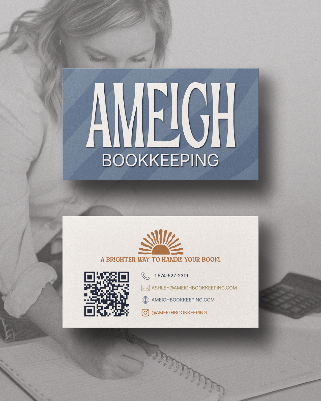 Ameigh Bookkeeping logo and business card design featuring warm, professional brand identity