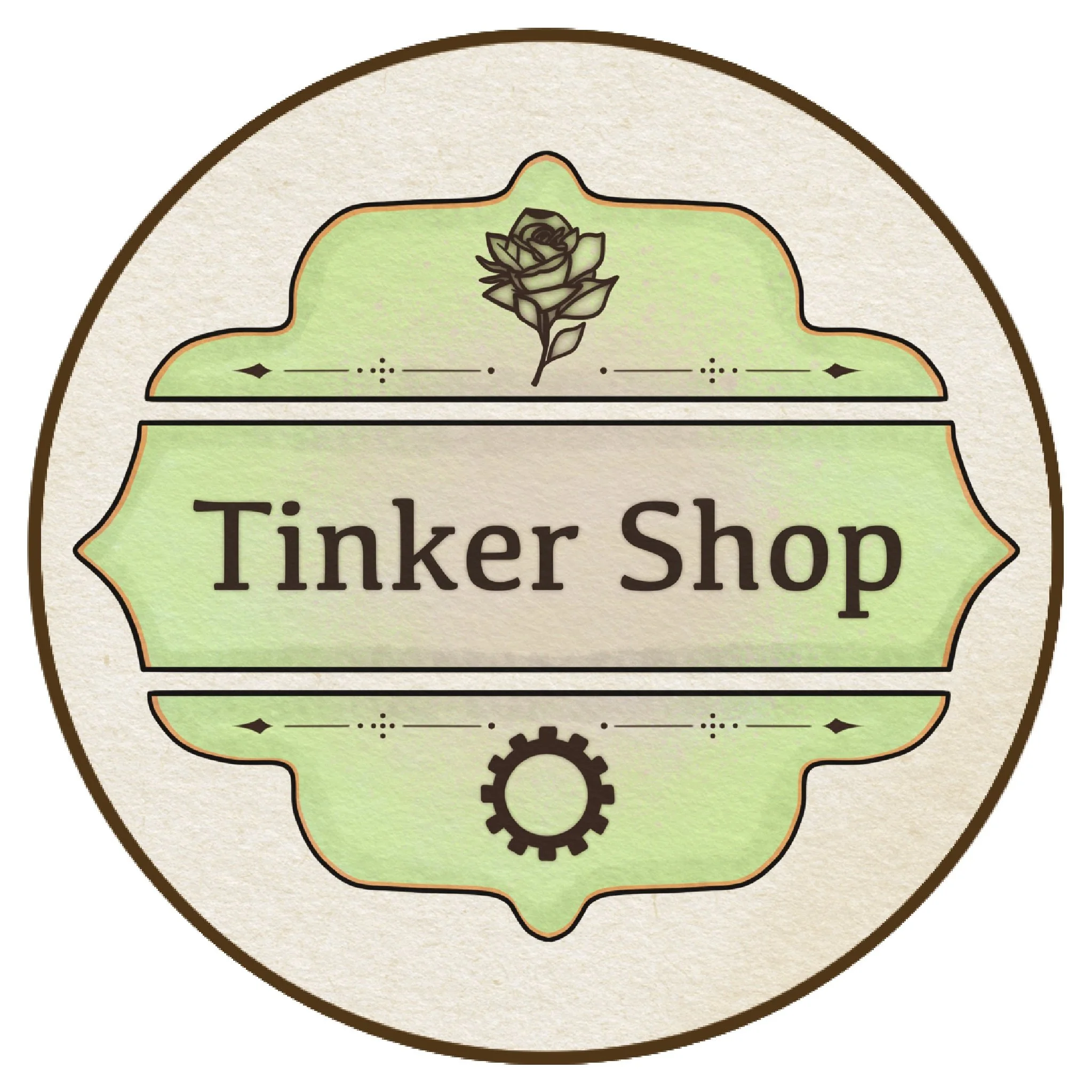 Logo of Tinker Shop with a decorative circular design, featuring a rose and gear icon.