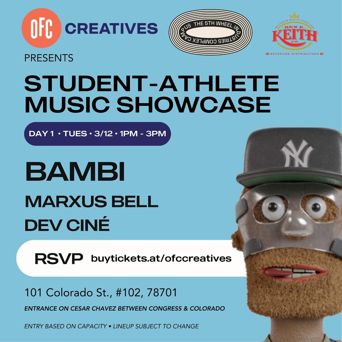 🏀 STUDENT-ATHLETE MUSIC SHOWCASE🏀

Daily schedule, RSVPs are open, 21+ ONLY

Tex-Mex Pale Ale and Ranch Water Seltzer provided by our friends @benekeithbevs 

**ENTRY BASED ON CAPACITY** LINEUP SUBJECT TO CHANGE**