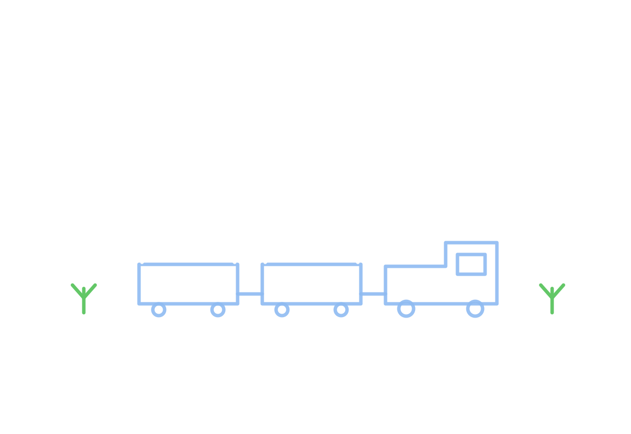 Graphic icon depicting a train with three blue cars on a track carrying minerals.