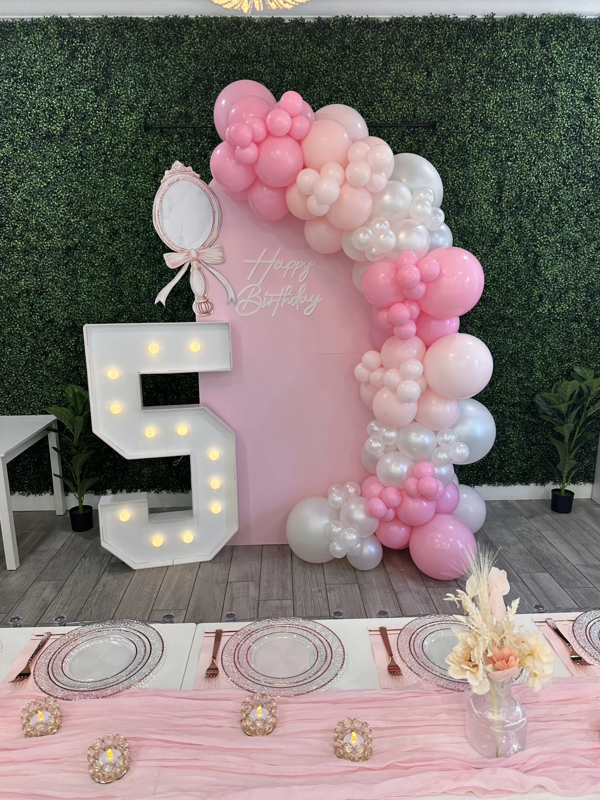 **Get This Look!**
8FT Themed Chiara Backdrop with Balloon Garland, Happy Birthday Decal, Large Cut-Out Poster (to match the theme of your party) and 4ft Number Marquee - $179 ($100 upgrade with the Premium Package)